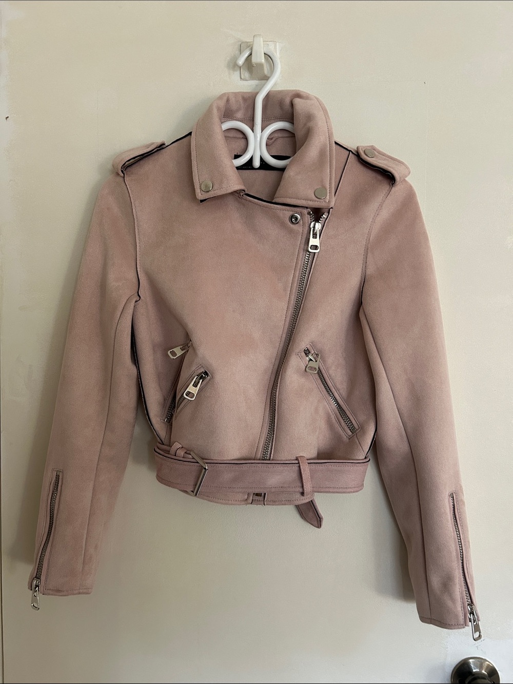 Zara Blush Pink Suede Moto Jacket with Belted Waist